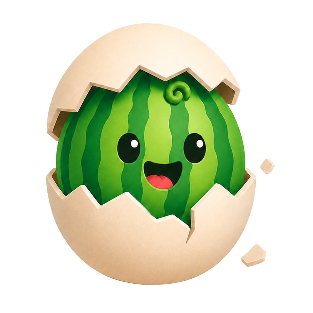 Cute chibi mascot character with a sprout on its head, smiling and waving.